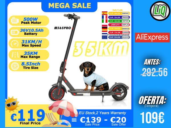 Patinete Eléctrico M365PRO/M365 X1: 36V 10.5Ah, Motor Potente de 500W, hasta 35 km de Autonomía y 31 km/h, con Llantas Sólidas de 8.5”, Diseño Plegable y APP Inteligente +++ 🎫 Cupón Descuento: FSES13