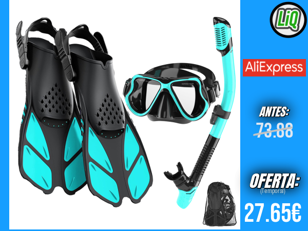 Juego completo de snorkel para adultos: máscara panorámica antiniebla con aletas Trek, snorkel superior seco y bolsa de transporte incluida +++ 🎫 Cupón Descuento: FSES02