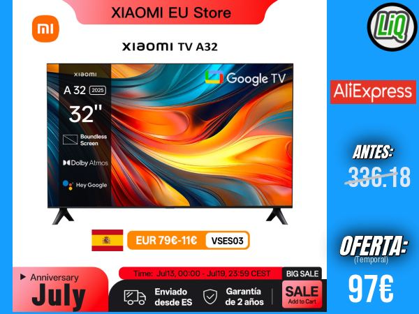 Xiaomi TV A 32: tamaño compacto con pantalla colorida, sonido dinámico con audio Dolby™, DTS-X y DTS Virtual:X, y acabado metálico premium de alta gama +++ 🎫 Cupón Descuento: FSES13 + PAGO KLARNA