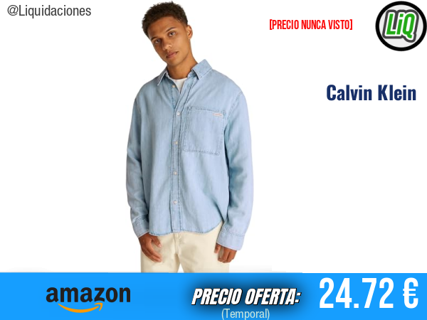 Calvin Klein Camisa Vaquera Regular Linear Denim con Bolsillo en el Pecho, Azul Denim Light. ✨hombre
Talla: S