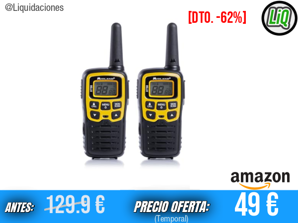 Midland XT50: Walkie-Talkies de Dos Vías de 24 Canales (446.00625–446.0935 MHz) en Negro/Amarillo — Funciona con Pilas AAA Alcalinas, Compacto (54 × 33 × 103 mm) y Ultraligero (93 g)