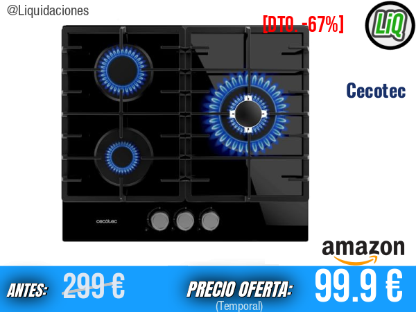 Cecotec Bolero Squad GN 3200F Glass Black: Placa de Gas de Cristal Negro con 3 Fuegos (6,25 kW), Preparada para Gas Natural, Parrillas Completas de Hierro Fundido, Quemador Wok Triple Corona y Seguro de Protección