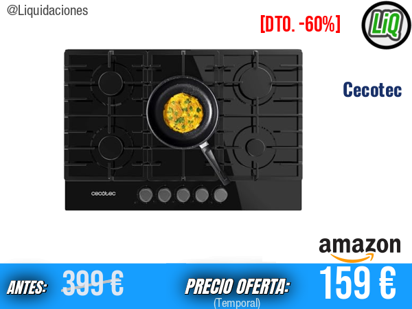Cecotec Placa de Gas Bolero Squad GN 5200F Glass Black: 5 Fuegos y 11 kW de Potencia, Lista para Gas Natural, Cristal Negro Elegante, Parrillas Completas de Hierro Fundido, Quemador Wok y Sistema de Seguridad Integrado