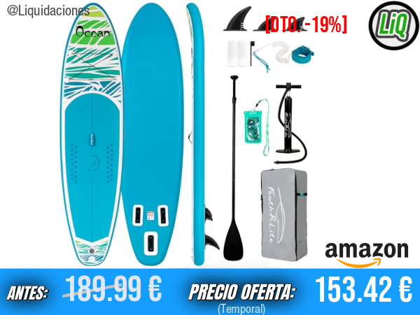 FunWater: Tabla de Paddle Inflable **Ultra Ligera** para Stand Up Paddle Board, con **3 Aletas** para mayor estabilidad + **Remo Ajustable**, **Bomba**, **Mochila**, **Correa de Seguridad** y **Bolsa Impermeable para Teléfono** (kit completo)