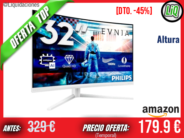 PHILIPS Evnia 32M2C5501: Monitor Gaming de 32” QHD (2560x1440) a 180Hz con Panel Fast VA, 1ms GtG y HDR10, Altura Ajustable, Conectividad 2x HDMI 2.0 + 1x DP 1.4, Color Blanco