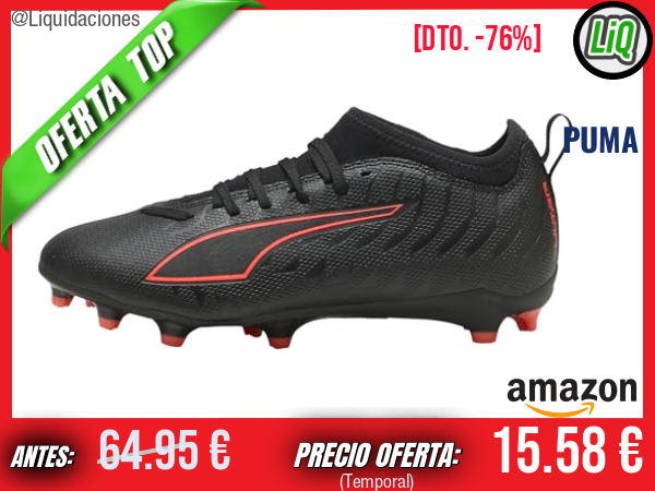 PUMA Ultra 6 Match FG/AG JR: velocidad explosiva en negro y rojo para dominar el partido. ✨niño
Talla: 34.5 EU