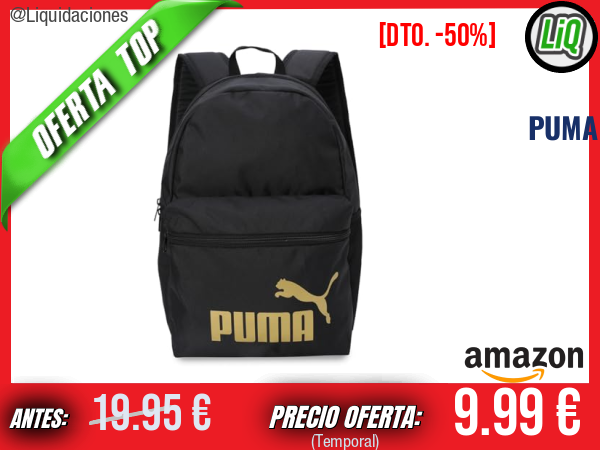 PUMA PHASE Backpack: mochila clásica PUMA Black con detalles Gold y logo No.1. ✨unisex
Talla: OSFA