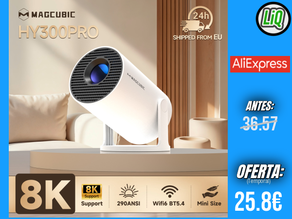 Proyector Magcubic HY300 Pro para Interior y Exterior: 290 ANSI, 720P Nativo, Android 14, WiFi 6 Dual, Bluetooth 5.4, Compatible con 8K, Allwinner H726 y Cine Portátil en Cualquier Lugar +++ 🎫 Cupón Descuento: WOES02