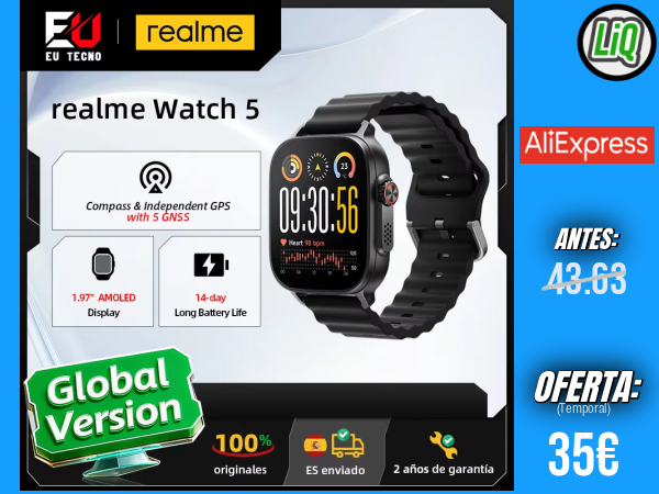 Realme Watch 5 (Versión Global): Smartwatch con Brújula y GPS Independiente (5 GNSS), Pantalla AMOLED de 1,97”, Hasta 14 Días de Batería y Resistencia IP68 +++ 🎫 Cupón Descuento:  WOES02