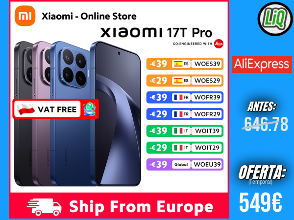 Xiaomi 17T Pro (Versión Global): Smartphone con 12GB de RAM, batería de 7000mAh con HyperCharge de 100W, pantalla AMOLED 6.83" 1.5K, CPU MediaTek Dimensity 9500 y NFC +++ 🎫 Cupón Descuento: WOES39