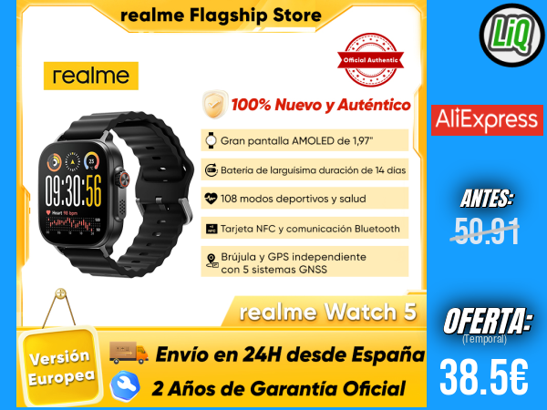 realme Watch 5: Reloj inteligente **versión global** con **GPS y NFC**, **pantalla AMOLED de 1,97"**, **hasta 14 días de autonomía** y **resistencia al agua y al polvo IP68** — **compatible con realme GT 7 Pro y realme 14 Pro+** +++ 🎫 Cupón Descuento: IFP33UJR