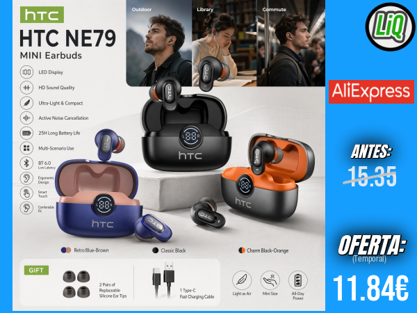 Auriculares Bluetooth 6.0 HTC NE79 TWS con Traductor de IA: Intrauditivos HiFi para Deportes y Micrófono para Llamadas Ultranítidas