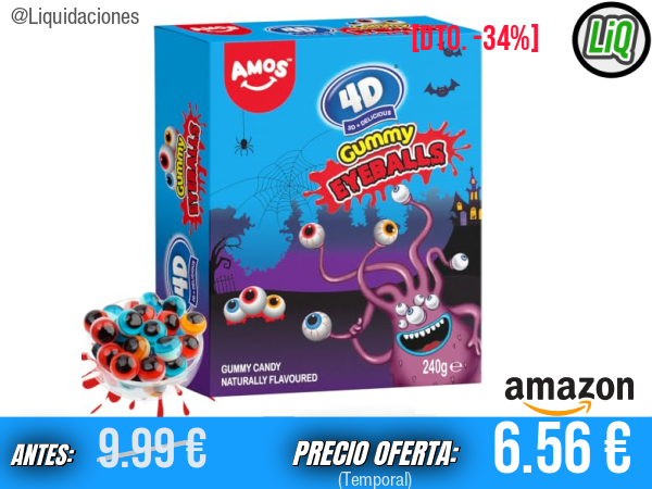 AMOS Caramelos de Goma Halloween 4D Ojos: golosinas frutales envueltas individualmente para tus fiestas y “truco o trato”. ✨unisex
Talla: 240g