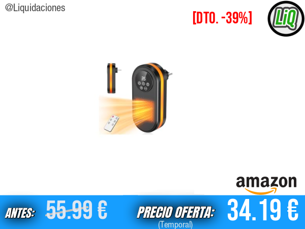 Calefactor Eléctrico Cerámico PTC de Bajo Consumo para Enchufe con 2 Niveles de Potencia