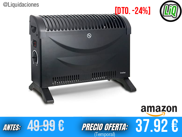 briebe Radiador Convector Eléctrico de Aire Caliente Negro: Bajo Consumo y Silencioso con Termostato y Regulador de Temperatura, Portátil con Asas de Transporte y 3 Niveles de Potencia (750W / 1250W / 2000W)