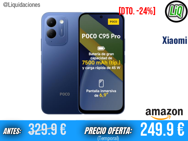 Xiaomi Poco C95 Pro: potencia y autonomía premium con pantalla 120 Hz y carga rápida 45 W. ✨unisex
Talla: 8+256