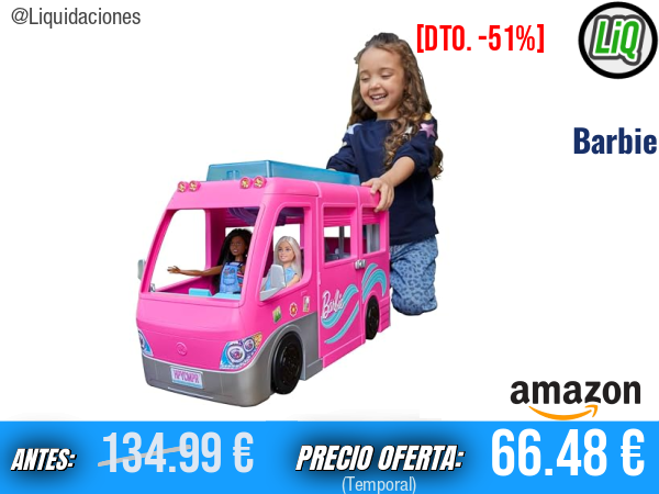 Barbie DreamCamper Set de Juego con Tobogán de 76 cm, 7 Zonas y 60 Accesorios para Aventuras de Acampada. ✨niña
Talla: Ruim 80 cm hoog