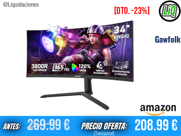 Gawfolk Monitor Curvo Gaming UWQHD 3440×1440 a 165 Hz con 1 ms, Adaptive Sync y Soporte Ajustable en Altura, Negro. ✨unisex
Talla: 34 Pulgadas