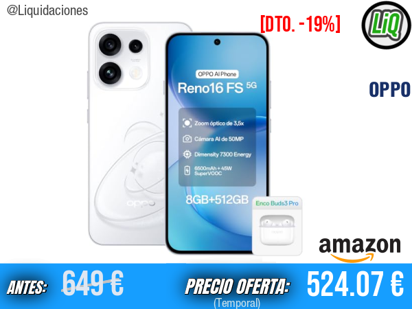OPPO Reno16 FS 5G 512 GB Blanco Pop: fluidez 120 Hz, selfie 50 MP y protección IP69K. ✨unisex
Talla: Reno 16FS-512G